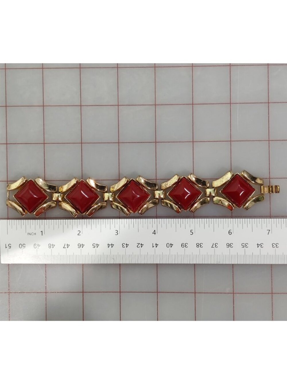 VTG Signed 50s Crown Trifari Gold Tone Red Thermoset Choker Earrings Bracelet - Picture 12 of 12